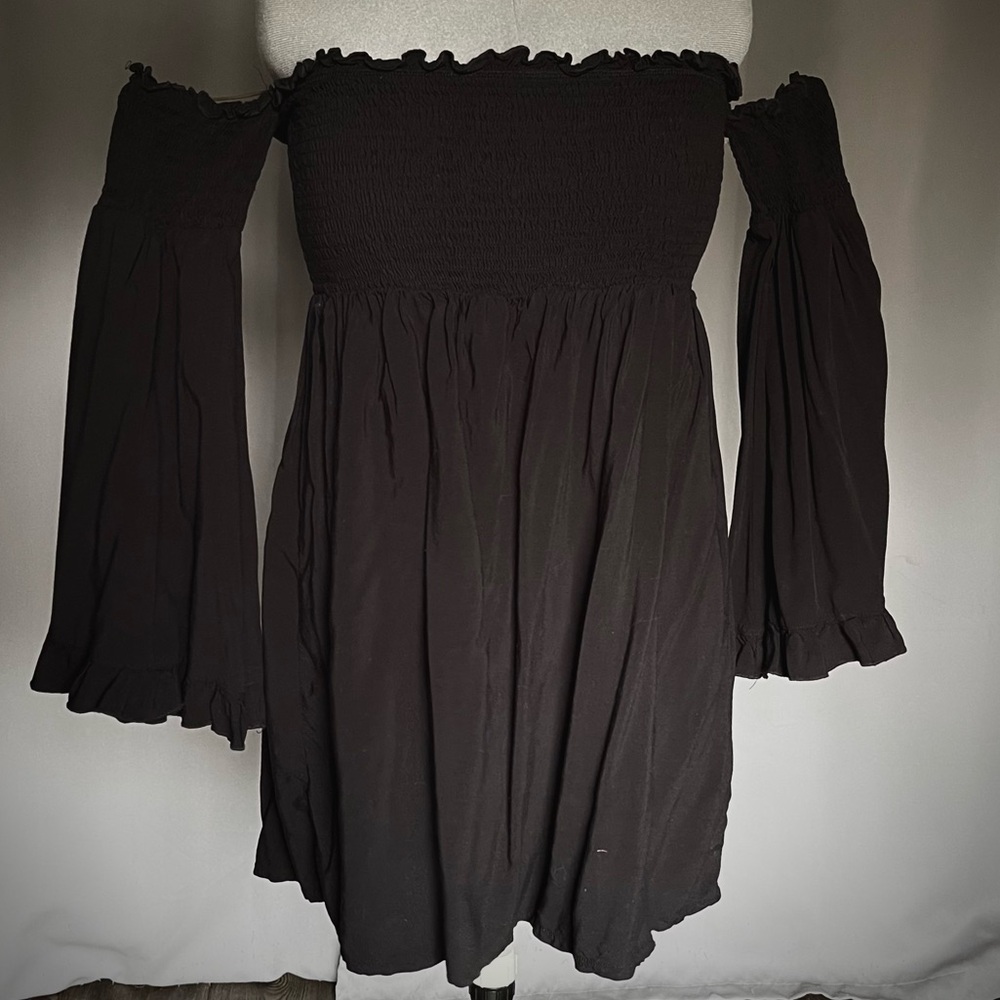 Killstar Off-Shoulder Black Smocked Dress with Bell Sleeves